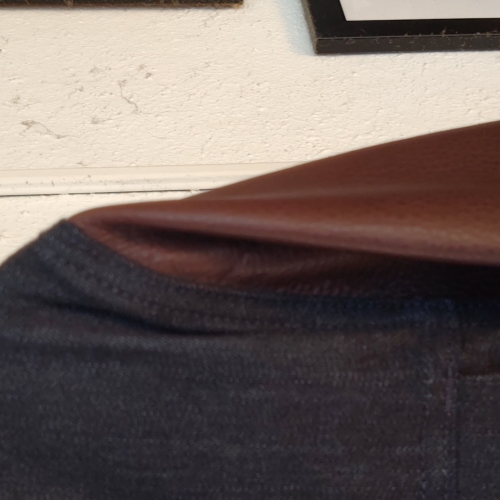 7 for all Mankind jacket. Very dark blue with brown leather sleeves.